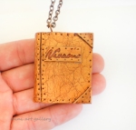 Book necklaces. Old / aged, faux leather steampunk. Handmade of polymer clay gold in hand