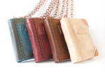 Book necklaces. Old / aged, faux leather steampunk. Handmade of polymer clay blue burgundy red cream  brown copper