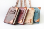 Book necklaces. Old / aged, faux leather steampunk. Handmade of polymer clay gold brown bronze copper blue cream