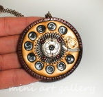 Old telephone vintage antique steampunk necklace OOAK Polymer clay handmade / gears cogs wheels