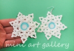 Snowflake Christmas earrings / handmade polymer clay / white glitter blue on hand