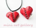 Red heart Valentine / Steampunk stitched wounded / polymer clay pendant necklacer ring 