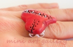 Red heart Valentine / Steampunk stitched wounded / polymer clay pendant side ring 