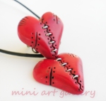 Red heart Valentine / Steampunk stitched wounded / polymer clay pendant necklace ring 