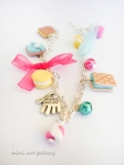 Food charm bracelet / miniature sweets mini food jewelry colorful / blue pink yellow / wafer, biscuit, cup cake, tart, marshmallow, macaron pink