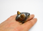 Steampunk creature ring / clockwork fantasy whimsical OOAK Polymer clay handsculpted double faced / adjustable filigree base / resin coating vulture tadpole fish on hand