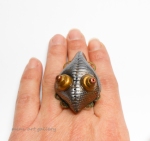 Steampunk creature ring / clockwork fantasy whimsical OOAK Polymer clay handsculpted double faced / adjustable filigree base / resin coating vulture tadpole fish
