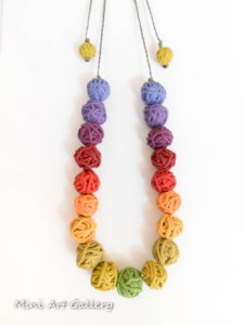 Minimalistic necklace with polymer clay ooak handmade beads yarn ball thread in autumn fall colors and macrame braiding