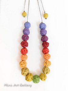 Minimalistic necklace with polymer clay ooak handmade beads yarn ball thread in autumn fall colors and macrame braiding rainbow 2