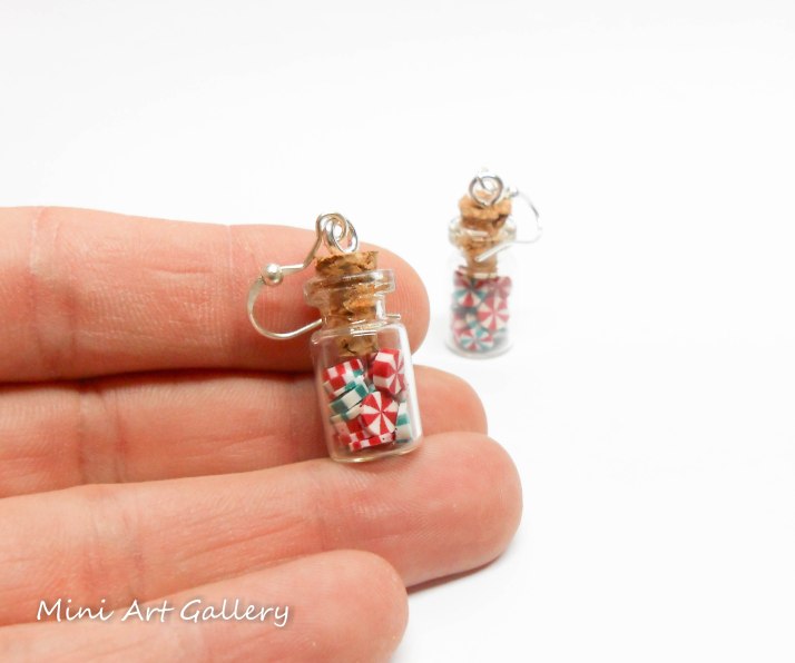 peppermint candies glass bottle necklace cork, Christmas red green, miniature food jewelry, mini sweets treats, handmade polymer clay charms