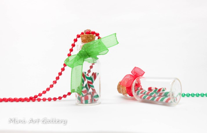Candy cane peppermints necklace Christmas / Miniature glasss bottle cork / mini vial candy / handmade polymer clay charms / white red green