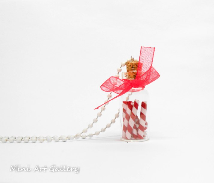 Christmas Candy cane necklace / Miniature glasss bottle cork / mini vial peppermint sweets treats / handmade polymer clay charms / white red