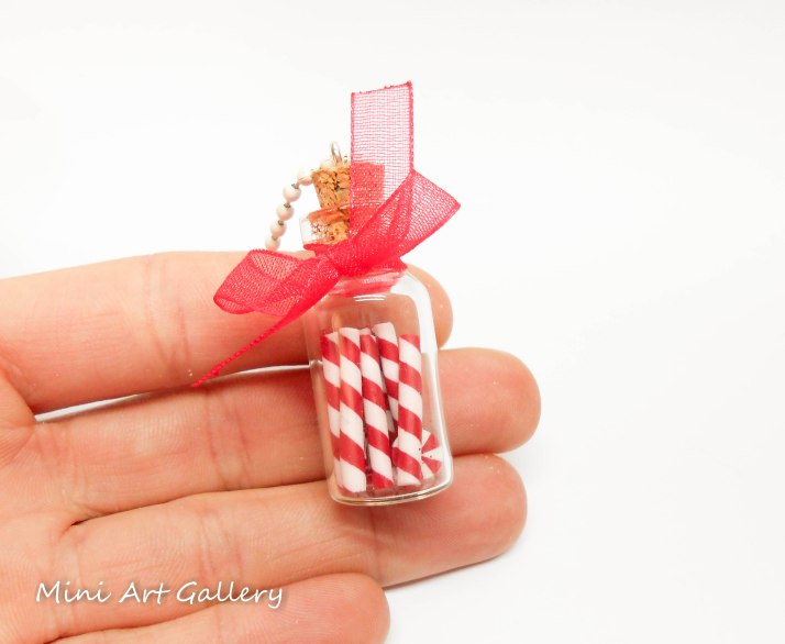 Christmas Candy cane necklace / Miniature glasss bottle cork / mini vial peppermint sweets treats / handmade polymer clay charms / white red
