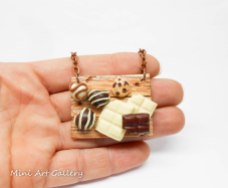 Miniature desserts on wooden board tray necklace / cookies, chocolate bar, fondant, miniature sweet food kawaii foodie polymer clay handmade
