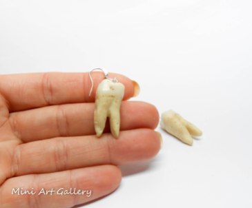 Human Tooth earring, replica / Necklace, keychain, charm 3 root canals / realistic decayed fake molar scary macabre oddity / polymer clay