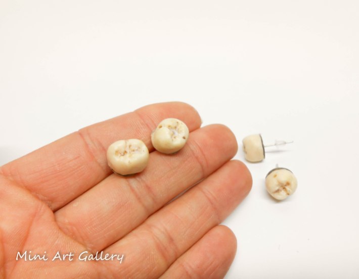 Tooth stud earrings / human molar replica / realistic decayed fake molar scary macabre oddity creepy, post earrings teeth studs polymer clay