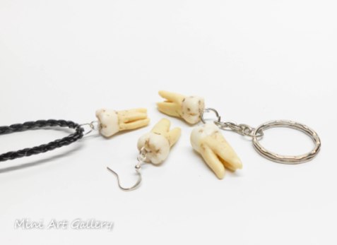 Human Tooth earring, replica / Necklace, keychain, charm 3 root canals / realistic decayed fake molar scary macabre oddity / polymer clay keychain keyring / curiosity dental dentist gift / necklace charm earring keychain / molar macabre oddity